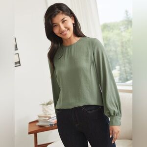 Crew Neck Popover Blouse With Long Puffy Sleeves